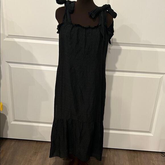 Marie Oliver Maya Women’s Black Midi Dress Linen Silk Blend Bow Straps Size Med - Picture 2 of 15